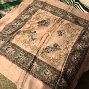 Pre-Owned-Pink/Gray Floral Historical Landmarks in Italy 100% Silk Scarf